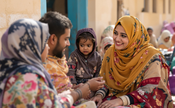 Health volunteer with a family