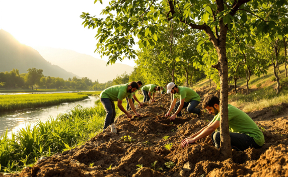 Volunteers planting trees by a river