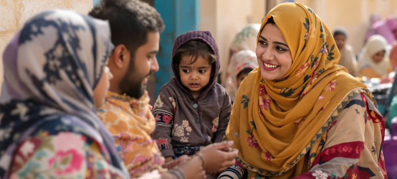 Community volunteers with families
